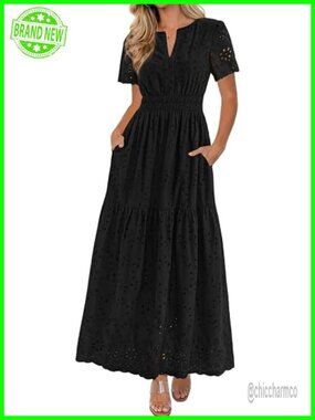 Short Sleeve V Neck Cotton Hollow Out A Line Beach Maxi Dress with Pockets